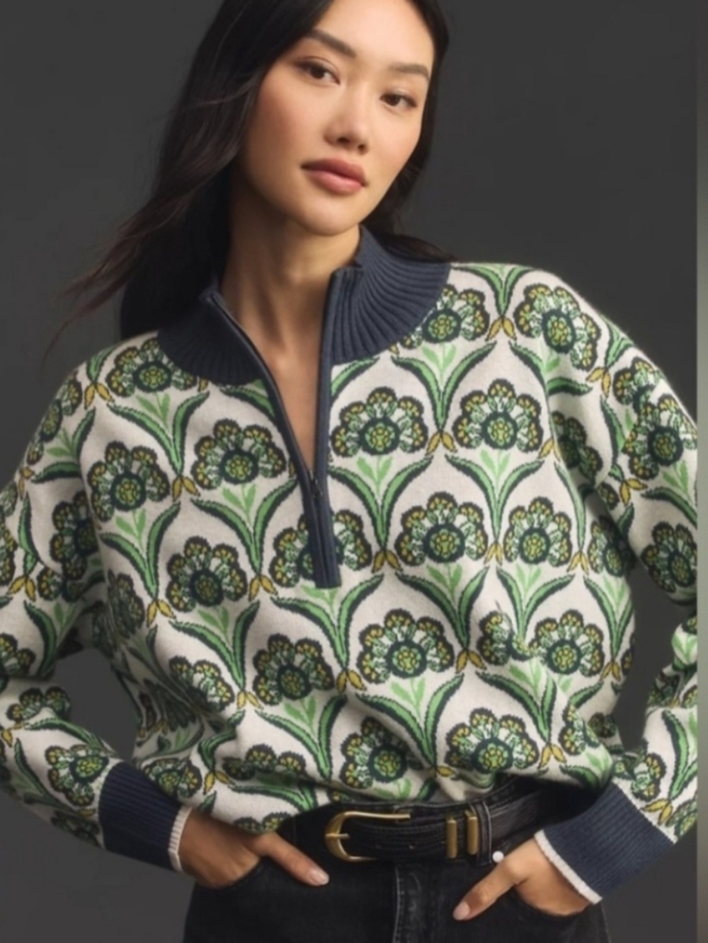 Maeve by Anthropology Green Floral Zip-Neck Sweater